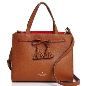 Kate Spade  Tan Leather Satchel with Red Interior and Tassel Bow
